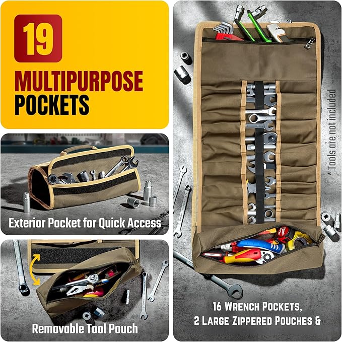 Ryker Wrench Roll Up Tool Bag Organizer. Soft Motorcycle rollup tool pouch | Heavy Duty Small Tool Roll Bag. Motorcycle Gear Storage with Multiple Pockets for Survival Overland Gear, Sockets & Tools Box - Image 2