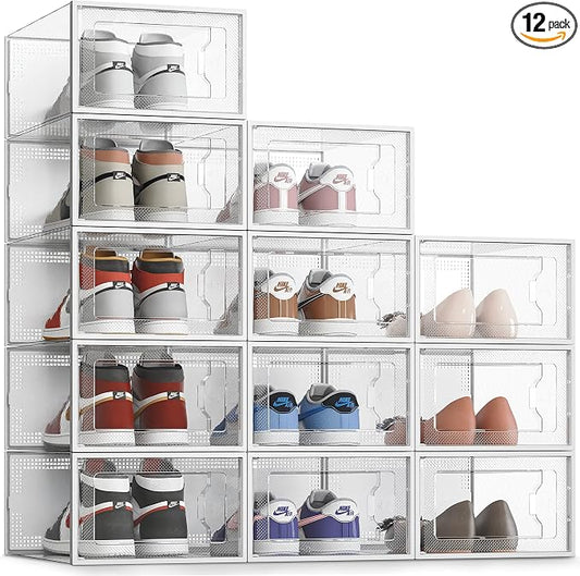SEE SRPING XX-Large Shoe Storage Box Fit Size 14, Clear Plastic Stackable Shoe Organizer for Closet, Shoe Rack Sneaker Containers Bins Holders, Drawer Organize Unit, 12 Pack Clear by SEESPRING