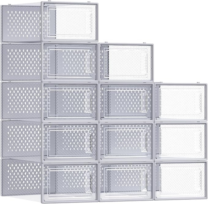 SONGMICS Shoe Boxes, Pack of 12 Shoe Storage Organizers, Stackable Clear Plastic Boxes for Closet, Sneakers, 13.1 x 9.1 x 5.6 Inches, Transparent and Gray ULSP006G12 by Unknown