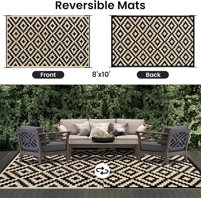Smiry Waterproof Outdoor Rug 8x10 ft, Reversible Plastic Straw Patio Camping Rugs, Outdoor Indoor RV Mat Carpet for Patio, Outside Entry, Backyard, Deck, Bench, Picnic, Camper, Black & Beige - Image 3