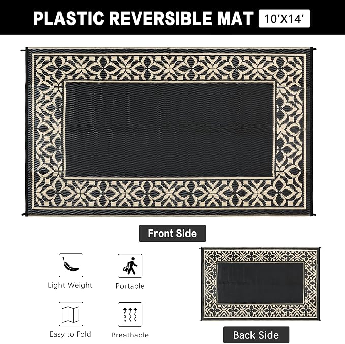 PureCozy Outdoor Plastic Straw Rug Black Beige Large Outside Waterproof Outdoor Patio 10x14 Carpet Geometric Reversible Mat Modern for Camping RV Porch Deck Balcony Beach - Image 4
