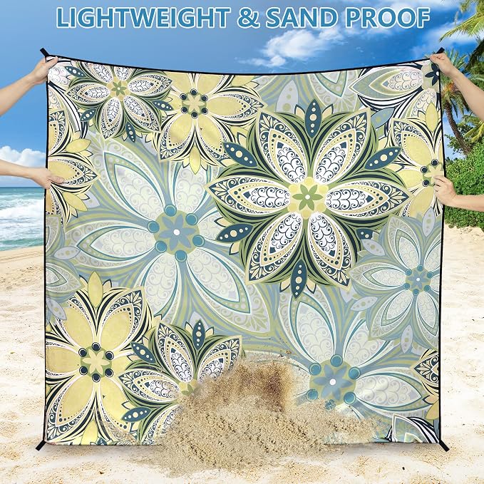 HIHOHO Beach Blanket Waterproof Sandproof Beach Mat for 1-8 Adults Quick Drying Durable Outdoor Picnic Mat for Beach Festival Travel Camping Hiking (Flourishing Blossom-Y&GN, 79"×83"(4 Person)) - Image 5