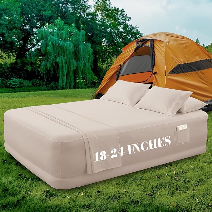 Mocassi 4-Piece Extra Deep Pocket 16-24 Inch Air Mattress Bed Sheet Set- 4PC Sheet Set with Smart Pockets Ideal for Air Beds, RVs, Camping and Guest Rooms Premium Hotel Quality, Full, Cream - Image 6