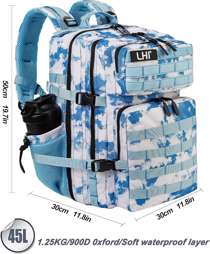 LHI Military Tactical Backpack for Men and Women 45L Army 3 Days Assault Pack Bag Large Rucksack with Molle System - Light blue tie-dye - Image 3