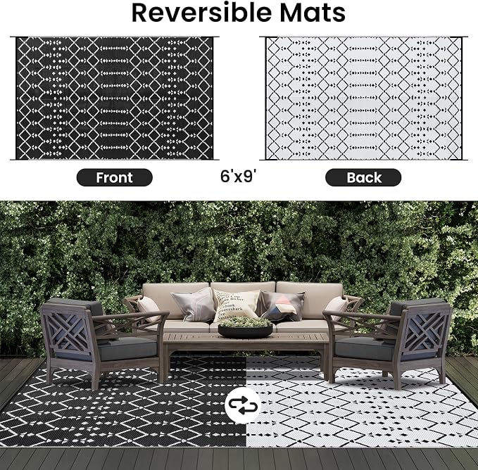 Smiry Outdoor Rug 6x9 ft, Waterproof Reversible Plastic Straw Rugs, Boho Outdoor Area Rug, Outside Floor Mat for Patio, Backyard, Deck, Picnic, Beach, Camping, Black - Image 3