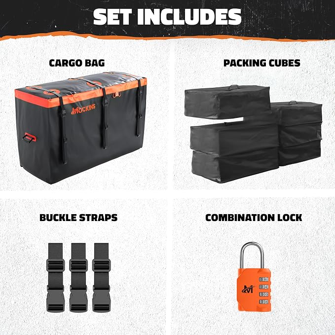 Mockins 30 CuFt Trailer Hitch Cargo Carrier Bag & Packing Cubes 29"x23"x12" | 60"x24"x36" Waterproof Cargo Bag for Hitch Carrier | Set of Vehicle Soft-Shell Carriers with 6 Cubes, 3 Buckle Straps & Lock - Image 9