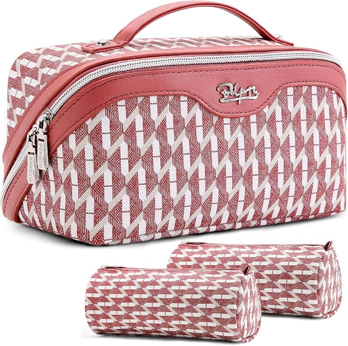 BOYATU Travel Makeup Bags for Women: Large Capacity Cosmetic Bag Set of 3 - Vegan Leather Make up Bags with Compartments - Wide Open Waterproof Toiletry Organizer Bag with Handle (P-03-Red) by BOYATU