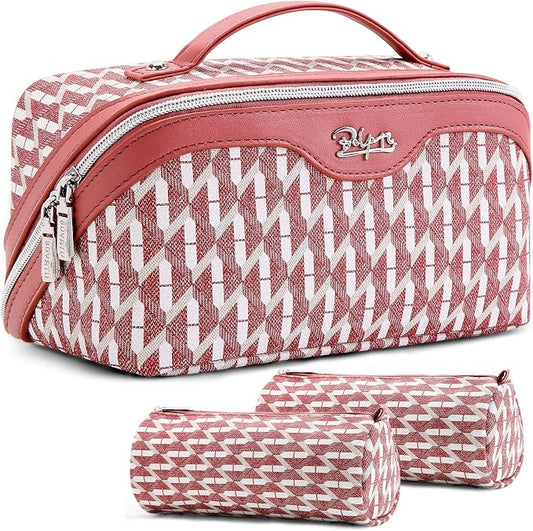 BOYATU Travel Makeup Bags for Women: Large Capacity Cosmetic Bag Set of 3 - Vegan Leather Make up Bags with Compartments - Wide Open Waterproof Toiletry Organizer Bag with Handle (P-03-Red) by BOYATU
