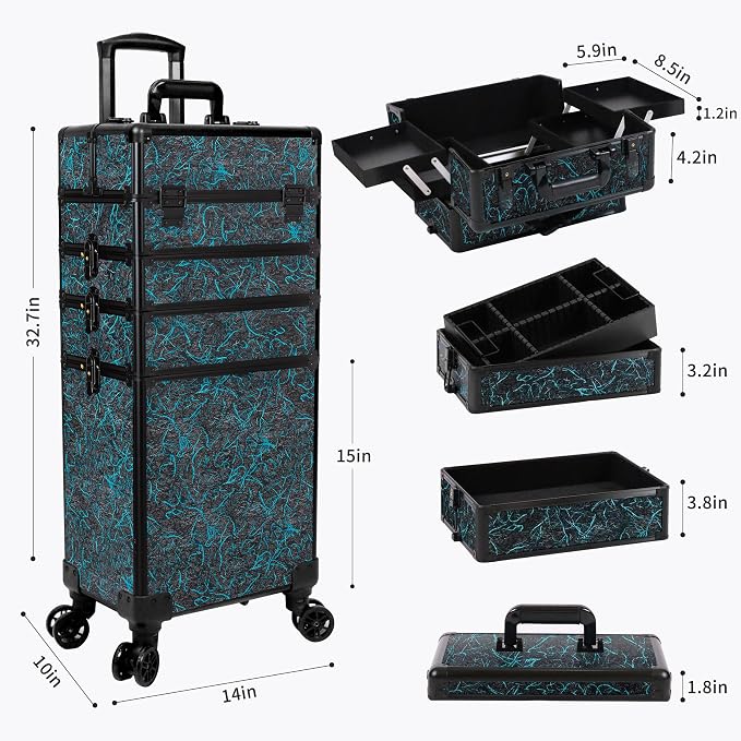 Rolling Makeup Train Case with Lid Cosmetology Case on Wheels | 5 in 1 Large Cosmetic Trolley Organizer Travel for Hairstylist Artist Nail Beauty Salon Barber Cart Trunk, Blue - Image 4