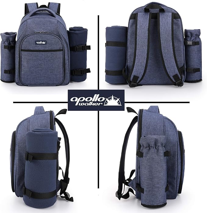 Apollo Walker Picnic Backpack Bag for 2 Person with Cooler Compartment, Detachable Bottle/Wine Holder, Fleece Blanket, Plates and Cutlery Set (2 Person, Navy) - Image 8