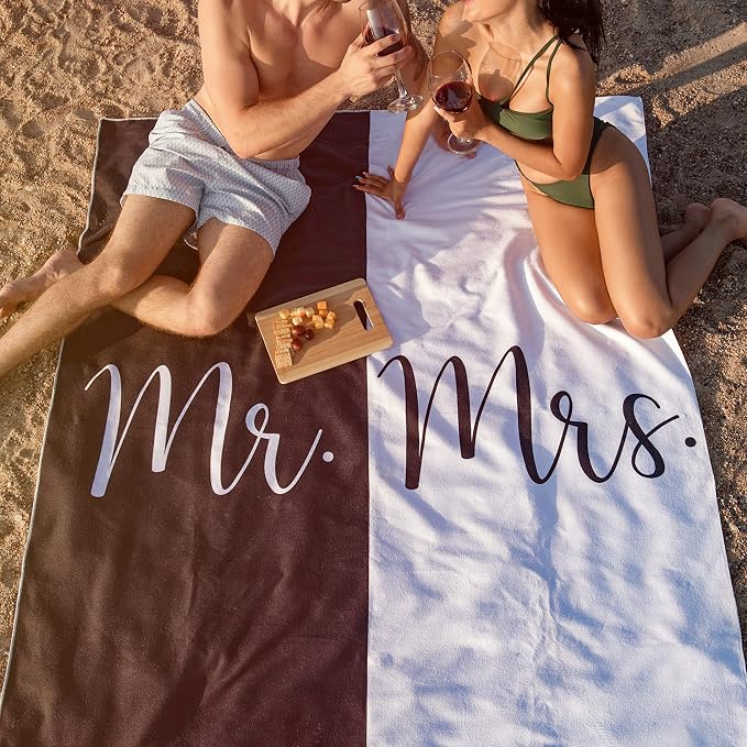 Ethisa Mr and Mrs Beach Towel - Honeymoon Just Married Towel For Beach - Wedding Gift for Newlywed Couple - Shareable Bride and Groom Towel Set - Thin Travel Friendly His and Her Beach Towel - 78"x59" - Image 4