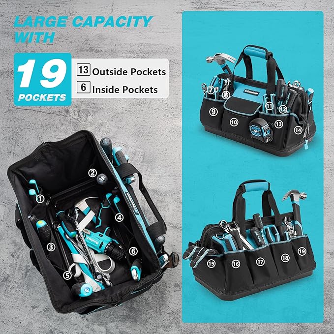 DURATECH 18" Large Tool Bag with Waterproof Hard Bottom, 19 Pockets | Heavy Duty Construction, Wide Open Mouth, Multiple Storage Pockets, Electricians Mechanics Plumbers HVAC Use - Image 5