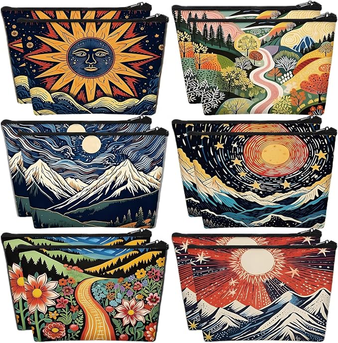 Sweetude 12 Pcs Abstract Art Landscape Makeup Bag Bulk Abstract Art Gifts Portable Travel Cosmetic Bags with Zipper Mountain Waterproof Roomy Travel Toiletry Organizer Storage Beauty Pouch for Women by Sweetude
