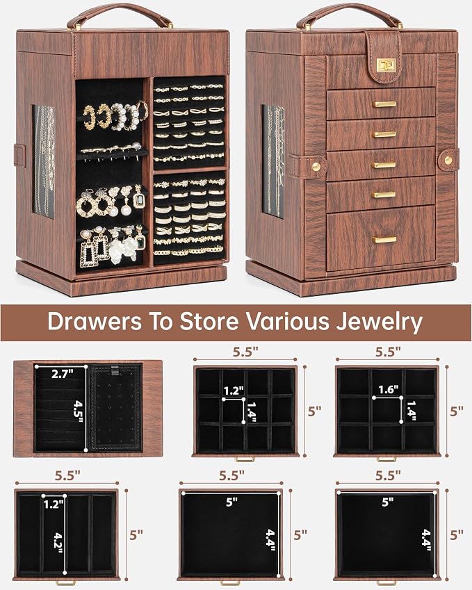 AKOZLIN 6-Tier Jewelry Box Organizer Functional 5 Drawers Leather Jewelry Storage Case for Women Girls Ring Necklace Earring Bracelet Holder Organizer with Mirror Red 360° Rotating - Image 3