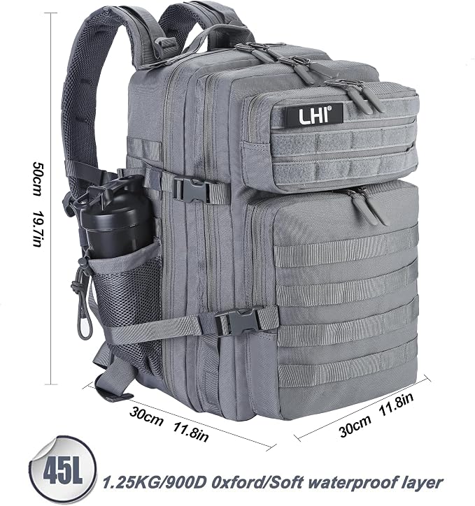 LHI Military Tactical Backpack for Men and Women 45L Army 3 Days Assault Pack Bag Large Rucksack with Molle System - Grey - Image 5