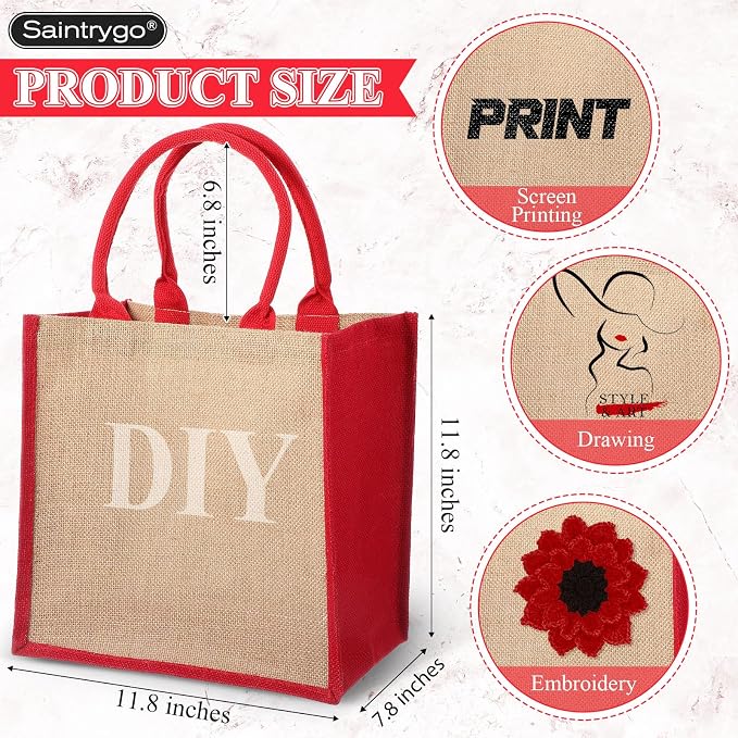 Saintrygo 12 Pcs Burlap Jute Tote Bags with Handle Reusable Blank Bridesmaid Gift Bags for Shopping Wedding DIY, 12x12x7.7In(Jute and Red) - Image 2