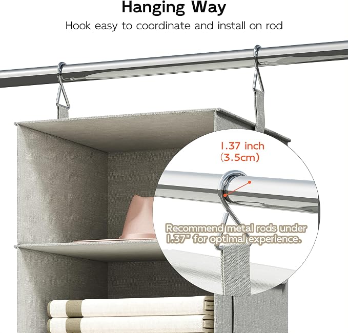 Vailando 6-Shelf Hanging Closet Organizer with 3 Drawers, Closet Hanging Shelves with Removable Fabric Drawers for Wardrobe, Nursery & Dorm Storage, Silver Gray - Image 8