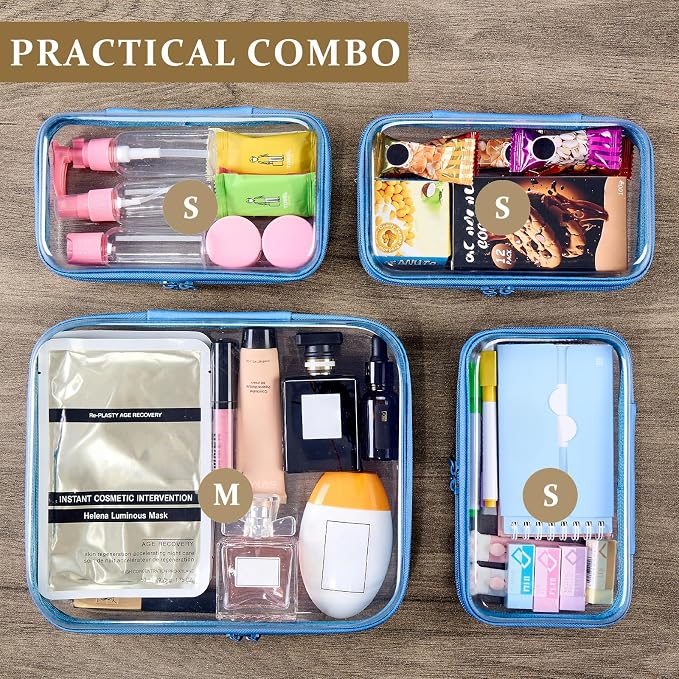 4 pcs Clear Zipper Pouches,Hard Shell Zipper Case, Toiletry Bag for Travel | CLear Diaper Bag, Toiletry Pouch, Travel Organizer, Cosmetic Bag,Toy Storage Bins (M+3S) (Blue) - Image 3