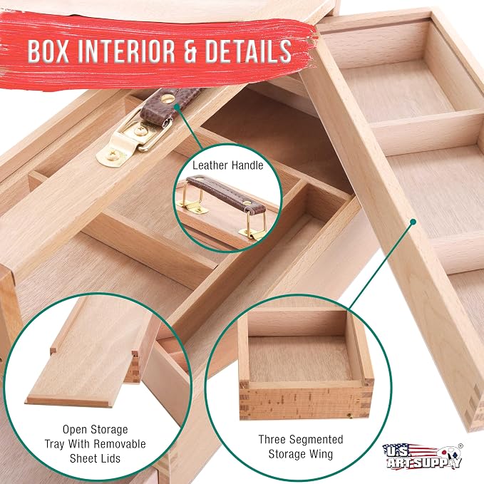 U.S. Art Supply Multi-Function Artist Tool Supply Box with Locking Clasps & Tool Storage Box - Wooden Art Box for Artist Supplies, Brushes, Pencils, Erasers, Tool Storage Organizer Case - Image 4