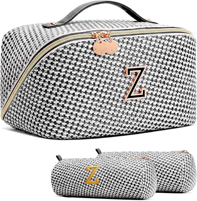 Personalized Gift Travel Makeup Bag: Initial Makeup Organizer Bag for Women | 3-in-1 Custom Make up Bag Set - Vegan Leather Travel Cosmetic Bag - Luxury Gift for Women – Birthday, Anniversary, Graduation by Unknown