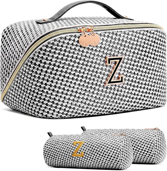 Personalized Gift Travel Makeup Bag: Initial Makeup Organizer Bag for Women | 3-in-1 Custom Make up Bag Set - Vegan Leather Travel Cosmetic Bag - Luxury Gift for Women – Birthday, Anniversary, Graduation by Unknown
