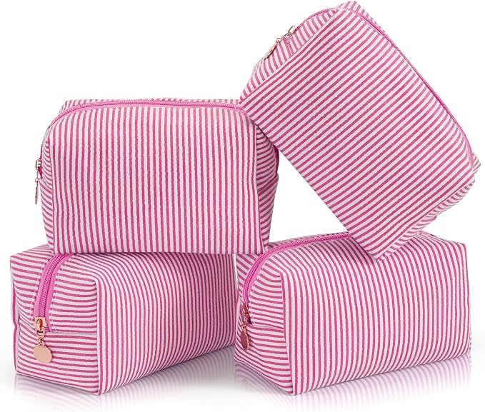 Makeup Bag Set for Women, 4PCS Travel Cosmetic Bags Pencil Case, Striped Seersucker Toiletry Organizer Pouches, Cute Makeup Pouch for Purse, Accessories and Gifts, Rose Red by Unknown