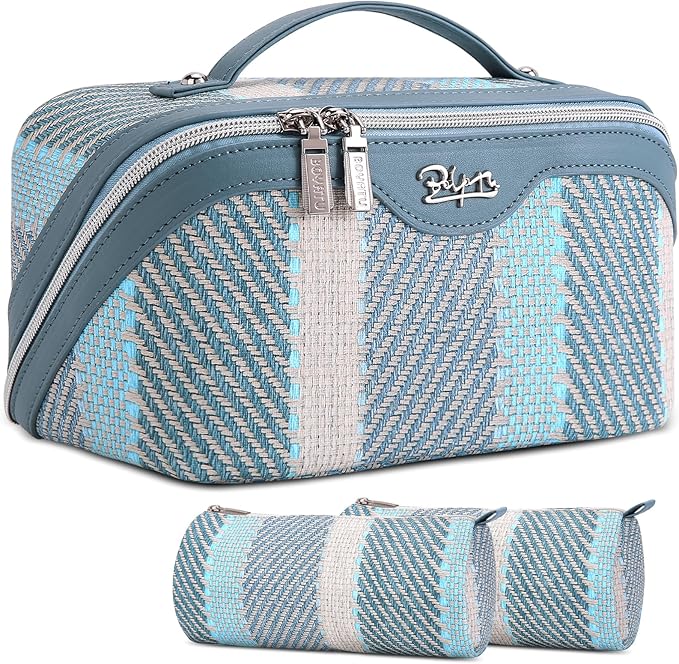 BOYATU Travel Makeup Bag Cosmetic Bag for Women: 3 Pcs Set Make up Bag with Compartments - Waterproof Vegan Leather Toiletry Bags with Handle - Makeup Organizer for Travel Essentials(C-1-Blue) by BOYATU