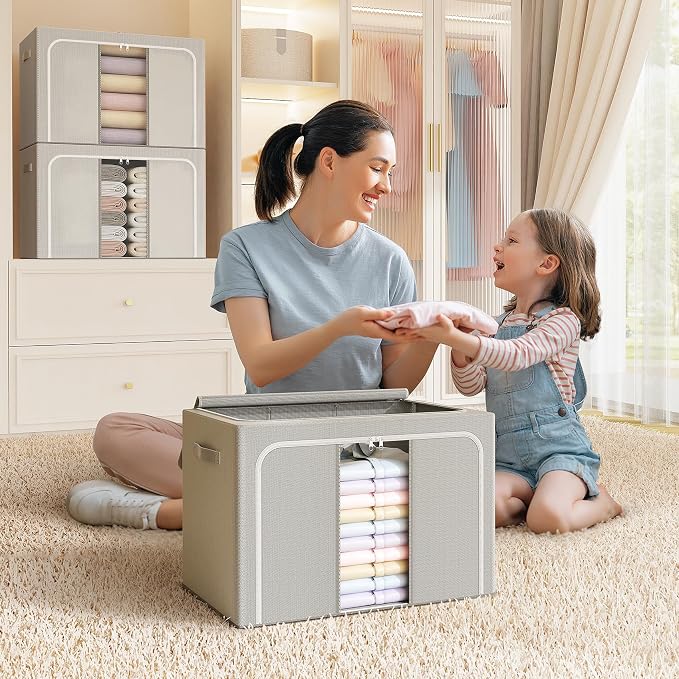 Clothes Storage Bins with Metal Frame Foldable Storage Box Clothes Organizers Storage Containers for Clothes Sheets Blankets Books Toys Gifts and Holiday Decorations (66Lx3 Pack) - Image 8
