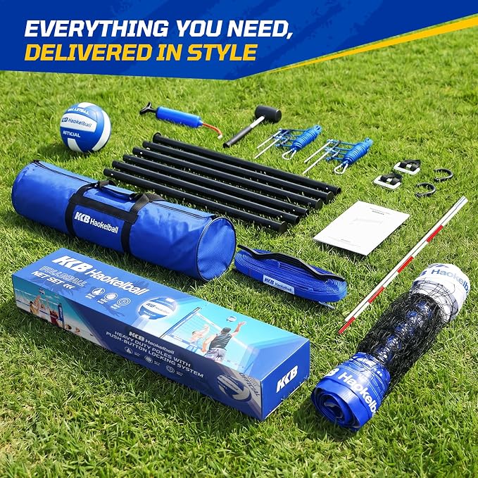 Haokelball Outdoor Volleyball Net Set for Backyard, 32FT Regulation, 3-Level Adjustable Height & Anti-Sag Tension System, Heavy Duty Thick Poles, Includes Volleyball, Pump, Boundary Line and Carry Bag - Image 2