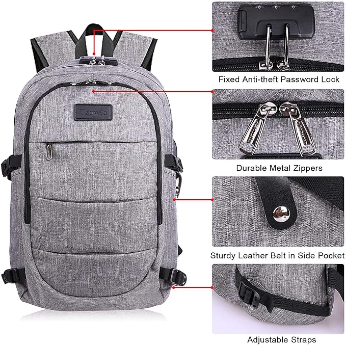 Tzowla Travel Laptop Backpack Water Resistant Anti-Theft Bag with Giant Tumbler Holder Pocket and Lock 17.3 Inch Computer Business Backpacks for Women Men Work College Gift,Casual Daypack(Grey) - Image 4