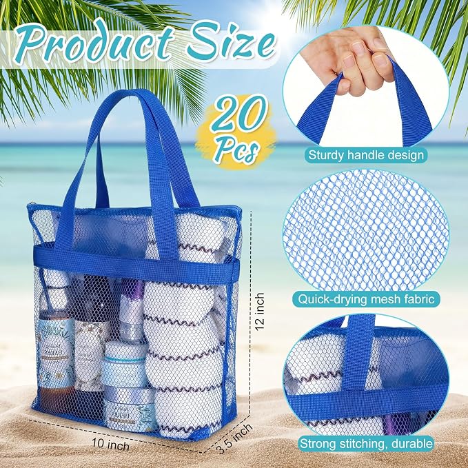 20 Pcs Mesh Beach Bags Bulk Portable Mesh Shower Caddy Bags with Zipper & 2 Pockets Hanging Toiletry and Bath Organizer for Beach Gym Camp Swimming Travel College Dorms (Classic Color) - Image 2