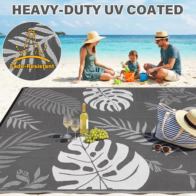 GOTGELIF Massive Outdoor Patio Rug - 9x12FT, Reversible & Water-Resistant & Wear-Resistant & Plastic Straw Outdoor Area Rug for Patio & Camping & RV - Gray Leaf - Image 5