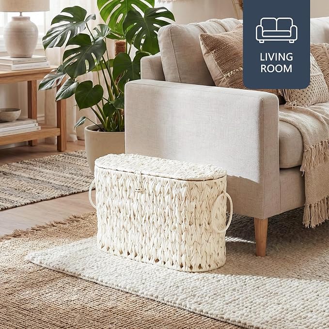 Coeusy Toilet Paper Basket,Wicker Toilet Paper Storage with Lid,Decorative Boho Wicker Basket for Bathroom,Free Standing-Cream White - Image 7