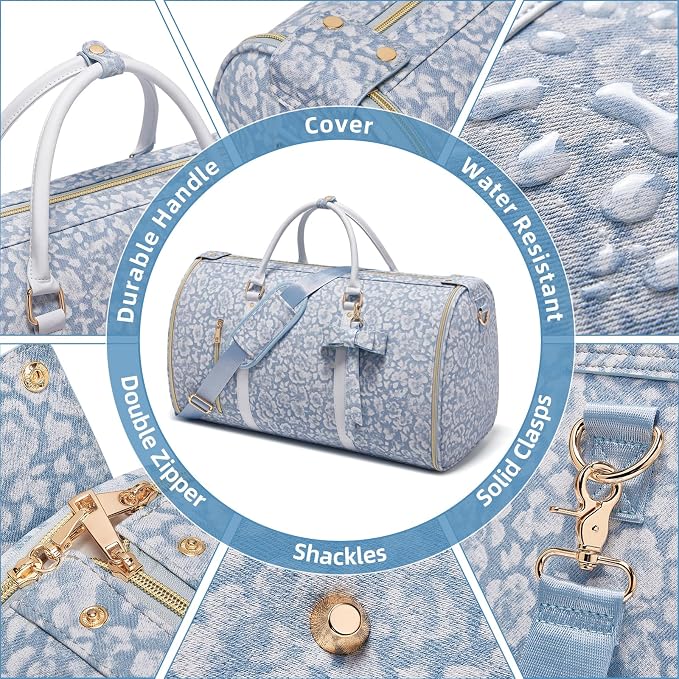 Travel Garment Bag for Women, Foldable Carry On Garment Duffle Bag 20.5x10x12.5 Inch, Convertible Overnight Bags with Shoe & Toiletry Pockets for Business Trip, Vacation, Party, Blue-White - Image 6