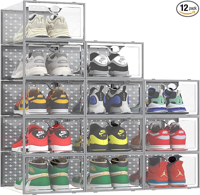 Pinkpum 12 Pack XXL Shoe Storage Box Fit for Size 14, Clear Plastic Stackable Shoe Organizer for Closet, Shoe Containers Sneaker Storage Clear and Grey by Pinkpum