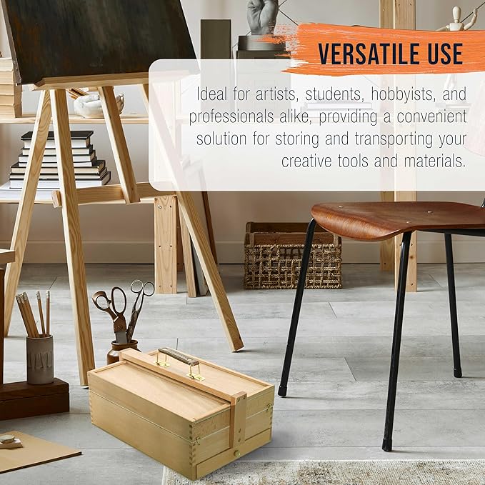 U.S. Art Supply Multi-Function Artist Tool Supply Box with Locking Clasps & Tool Storage Box - Wooden Art Box for Artist Supplies, Brushes, Pencils, Erasers, Tool Storage Organizer Case - Image 5