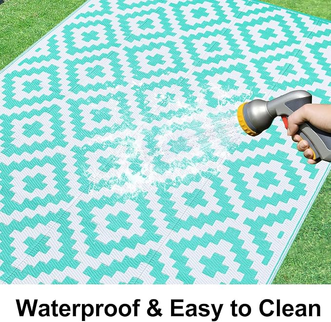 Smiry Waterproof Outdoor Rug 6x9 ft, Reversible Plastic Straw Patio Camping Rugs, Outdoor Indoor RV Mat Carpet for Patio, Outside Entry, Backyard, Deck, Bench, Picnic, Camper, White & Teal - Image 2