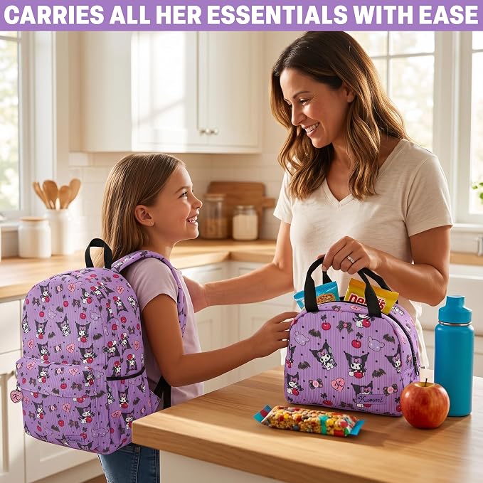 Get Trend Kuromi Girls Corduroy Backpack 4 Piece Set | 17 inch Bookbag with Laptop Pocket, Insulated Lunch Bag, Zipped Pencil Case & Lanyard, Back to School Kawaii Gifts for Girls - Image 6