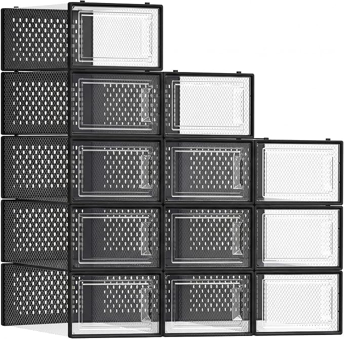 SONGMICS Shoe Boxes, Pack of 12 Shoe Storage Organizers, Stackable Clear Plastic Boxes for Closet, Sneakers, 13.1 x 9.1 x 5.6 Inches, Transparent and Black ULSP006B12 by Unknown