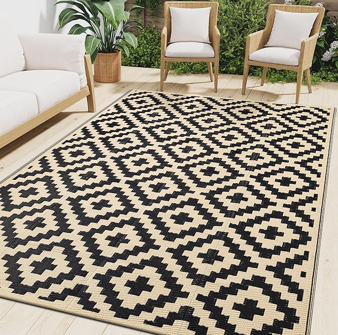 Smiry Waterproof Outdoor Rug 5x8 ft, Reversible Plastic Straw Patio Camping Rugs, Outdoor Indoor RV Mat Carpet for Patio, Outside Entry, Backyard, Deck, Bench, Picnic, Camper, Black & Beige by Smiry