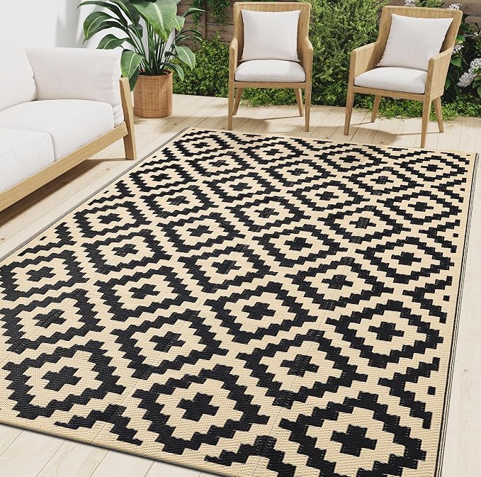 Smiry Waterproof Outdoor Rug 9x12 ft, Reversible Plastic Straw Patio Camping Rugs, Outdoor Indoor RV Mat Carpet for Patio, Outside Entry, Backyard, Deck, Bench, Picnic, Camper, Black & Beige by Smiry