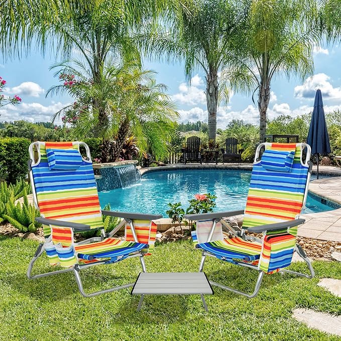 Giantex Folding Beach Chair, Patio Sling Chairs with 5 Adjustable Position, Head Pillow, Storage Bag, Towel Bar, Cup Holders, Backpack Chairs for Sunbathing, Camping Chair - Image 2
