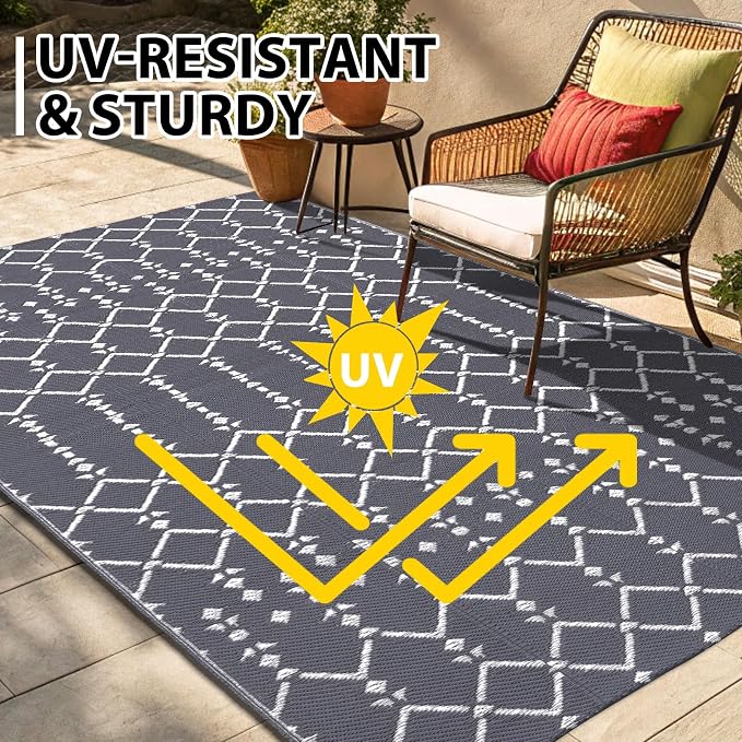 Smiry Outdoor Rug 5x8 ft, Waterproof Reversible Plastic Straw Rugs, Boho Outdoor Area Rug, Outside Floor Mat for Patio, Backyard, Deck, Picnic, Beach, Camping, Grey - Image 4