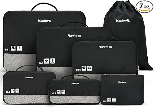 Hanke 7 Piece Expandable Compression Packing Cubes, Premium Travel Packing Organizers for Suitcases/Carry On, Luggage Organizer Bags with Breathable Mesh & Label,Black by Hanke