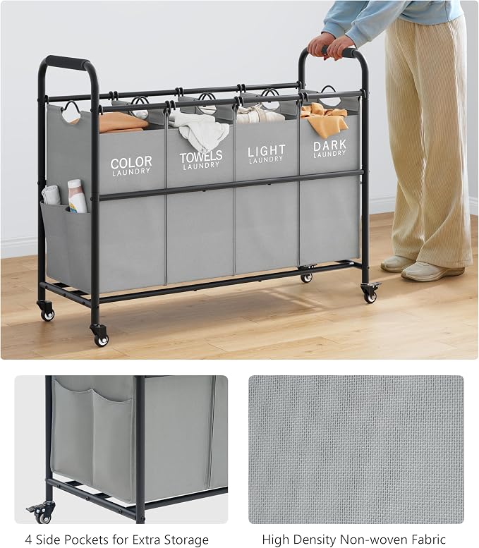 Tajsoon 4 Bag Laundry Sorter Cart, 4 Section Laundry Hamper Sorter with Heavy Duty Lockable Rolling Wheels, Laundry Separator Hamper with Removable Bags for Dirty Clothes Storage, Grey - Image 5