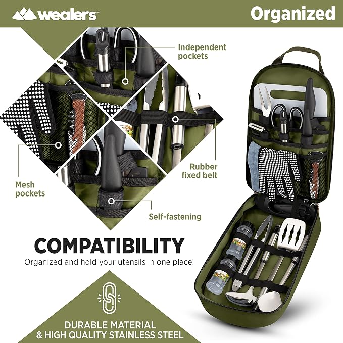 Wealers Camp Kitchen Cooking Utensil Set Travel Organizer Grill Accessories Portable Compact Gear for Backpacking BBQ Camping Hiking Travel Cookware Kit Water Resistant Case - Image 4