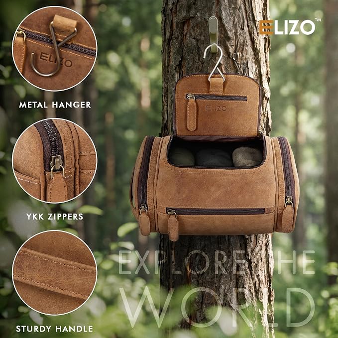 ELIZO Real Leather Toiletry Bag for Men - Large Hanging Travel Organizer for Toiletries, Ideal for Dopp Kit & Shaving Kit for Men, Essential Mens Travel Toiletry Bag for Toiletries (Saddle) - Image 3
