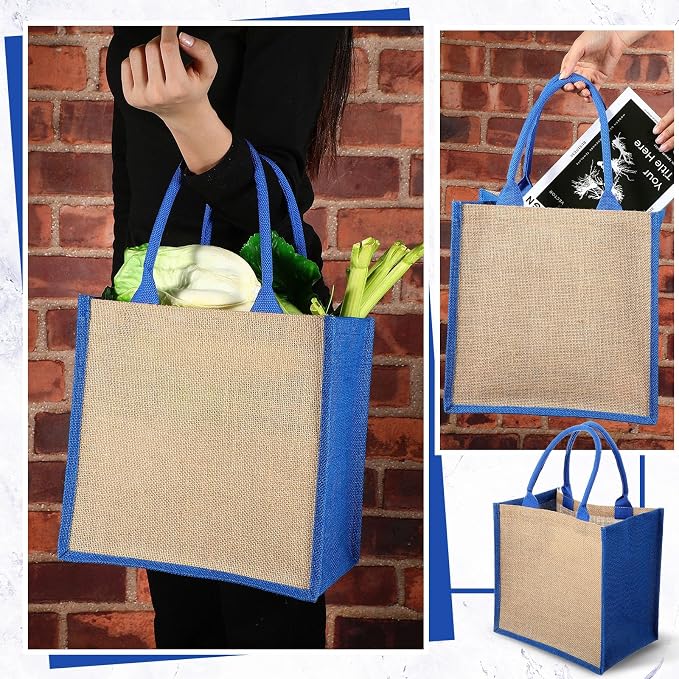 Saintrygo 12 Pcs Burlap Jute Tote Bags with Handle Reusable Blank Bridesmaid Gift Bags for Shopping Wedding DIY, 12x12x7.7In(Jute and Blue) - Image 4