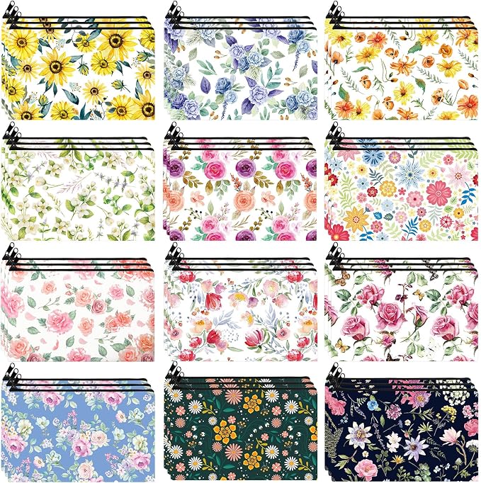 Hillban Vintage Floral Cosmetic Bags for Women Inspirational Cute Canvas Makeup Bags Bulk Motivational Travel Cosmetic Pouch Beautiful Gifts for Teacher, 12 Styles by Hillban