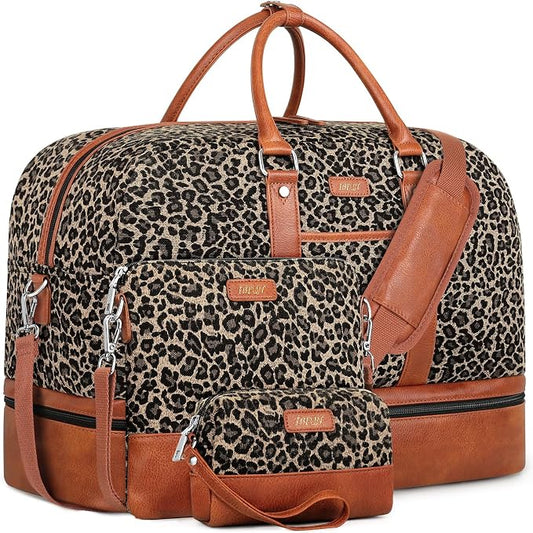 Weekender Bag for Women, Large Overnight Bag Canvas Travel Duffel Bag Carry On Tote with Shoe Compartment 21" 3Pcs Set by IBFUN